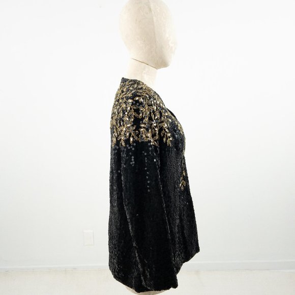 Vintage 80s S/M Vine Bedazzled Sequin Blazer Black - Picture 4 of 7